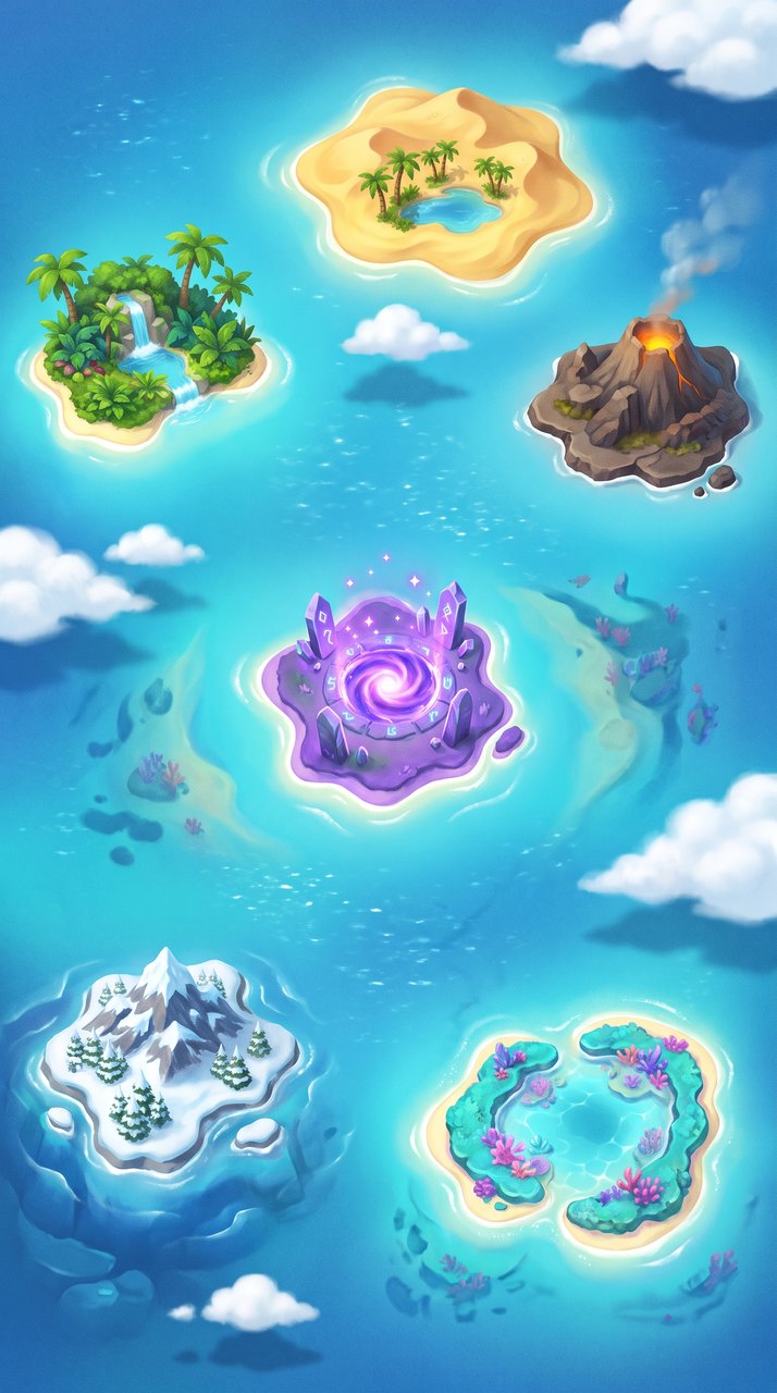 Mapa com ilhas ilustradas, uma para cada matéria